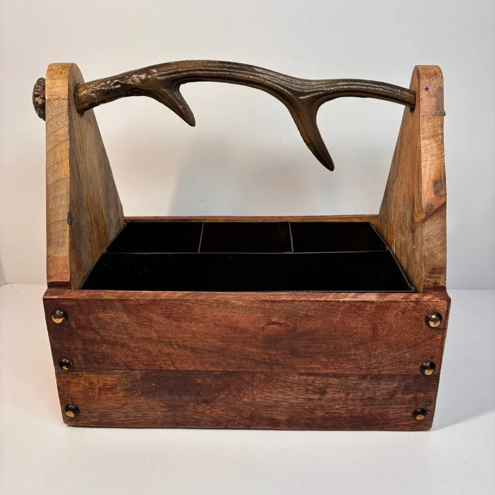 Rustic Pine Wooden Tote Box Antler Handle Primitive Farmhouse Tool Utensil Caddy